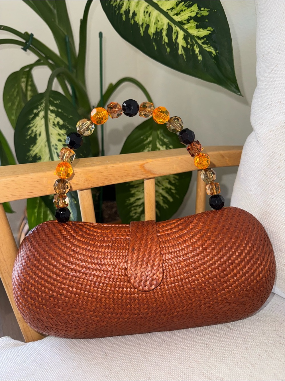 Le Sac Woven Straw Bamboo Brown Orange Beaded Handle Women’s Clutch Bag